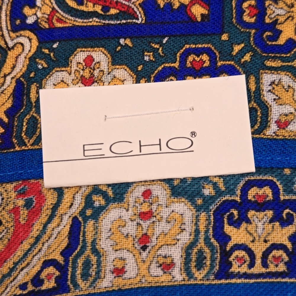 Echo 100% Wool Scarf 34" Square Floral Paisley Plaid Challis Blue Multicolor NWT - Picture 6 of 12